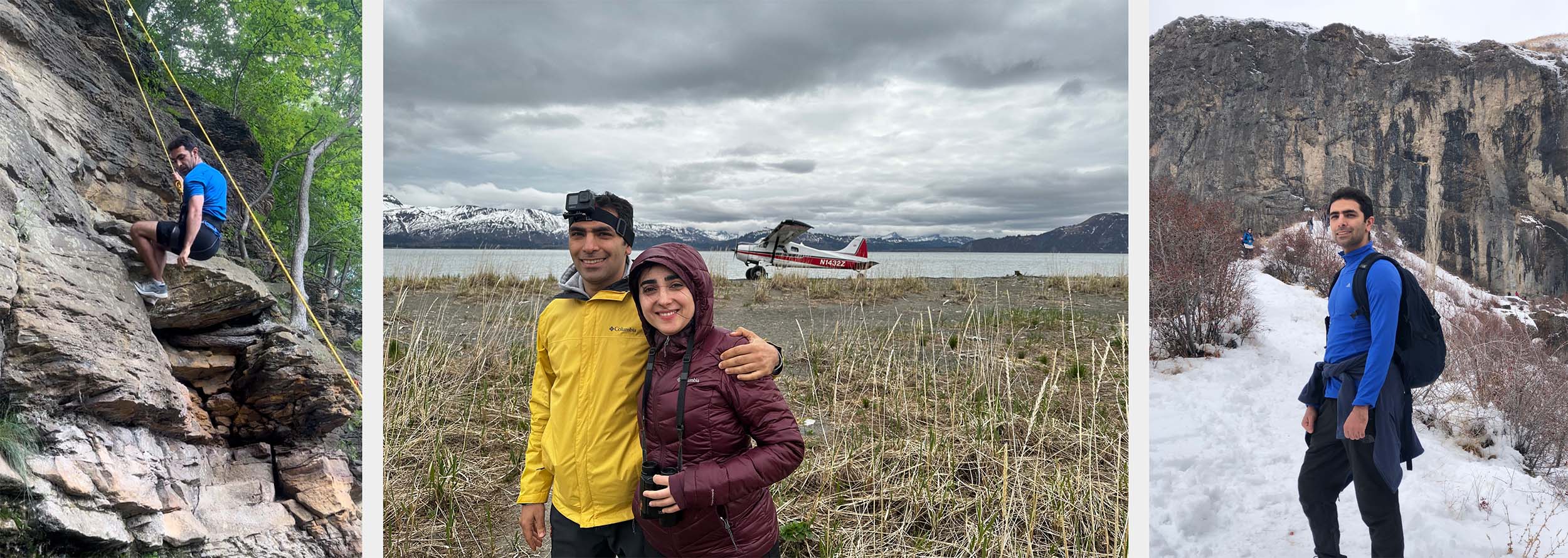 Right: Rock climbing in Grand Ledge, Michigan. Center: Just got off a floating plane with my wife (Mahya) in Kenai, Alaska—a few hundred meters from bears! Left: Winter hike to the frozen Sangan Waterfall, north of Tehran, Iran.